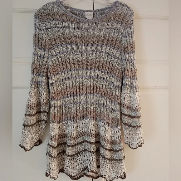 Chico's Striped Knit Artisan sparkle  Sweater tunic  Brown and Cream.Sizr 2 /L - Picture 2 of 5
